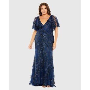 Mac Duggal Plus Size 22 Navy 68432 Embellished V-Neck Flutter Sleeve Gown Dress